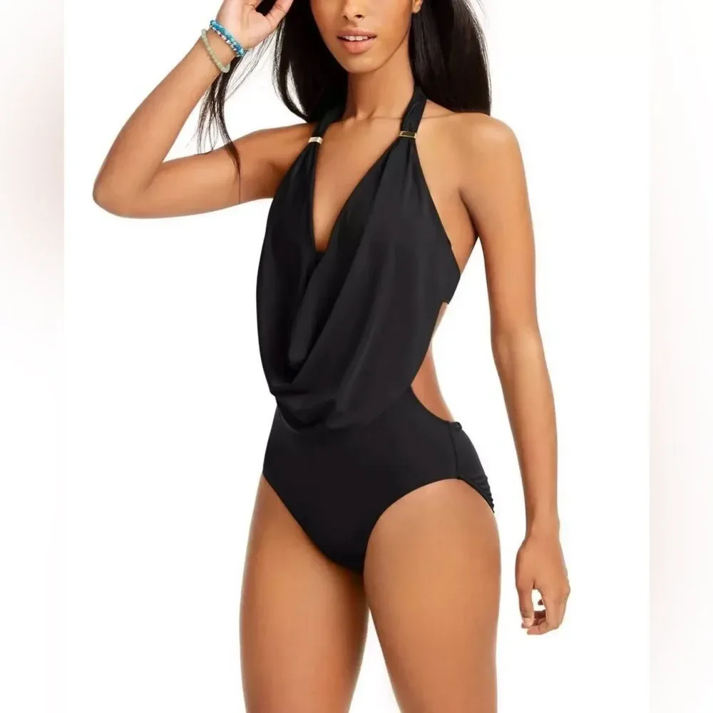 Bar III Solid Black Cowl Neck One Piece Swimsuit Bathing Suit Size Large NEW